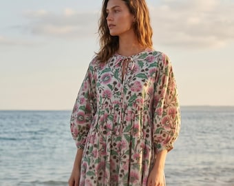 Hand Block Printed Cotton Dress | Pink Floral Balloon Sleeve , Jaipur Artisan Craft