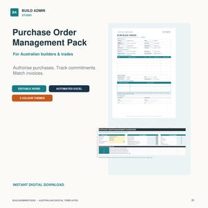 Puede incluir: Un paquete digital de gestión de órdenes de compra para constructores y oficios, que incluye un documento Word editable, un panel de control Excel automatizado y tres temas de color. El texto incluye "BUILD ADMIN STUDIO" y "Purchase Order Management Pack."