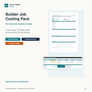 Può includere: Un pacchetto digitale per il calcolo dei costi di cantiere per costruttori e artigiani australiani, che include un documento di riepilogo dei costi e previsioni di progetto e un dashboard Excel, con etichette per Word e Excel.