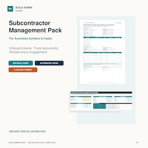 Op de afbeelding: Een onderaannemer-beheerpakket voor Australische bouwers en vaklieden, inclusief een bewerkbaar Word-document voor onboarding, een geautomatiseerd Excel-dashboard en drie kleurthema's voor professionele projectdocumentatie.