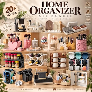 Può includere: Una collezione di modelli di organizzazione domestica stampabili in 3D, inclusi portapennelli per trucco, espositori per gioielli, portaspezie, portabottiglie, supporti per tazze e contenitori per l'organizzazione di cucina, bagno e ufficio.