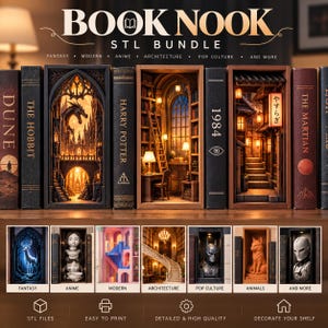 Peut inclure: Une collection numérique de fichiers STL pour book nooks présentant divers dioramas miniatures, dont une scène de dragon gothique, une bibliothèque et une rue japonaise. L'image affiche plusieurs modèles imprimables en 3D nommés Book Nook STL Bundle.