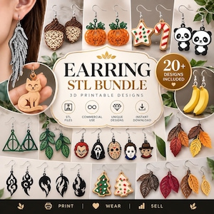 Op de afbeelding: Een digitale collectie van 3D-printbare oorbellenontwerpen genaamd EARRING STL BUNDLE. De afbeelding toont diverse stijlen oorbellen, waaronder engelvleugels, eikels, pompoenen, koekjes, panda's, bananen, bladeren, horrorfiguren en abstracte vormen.