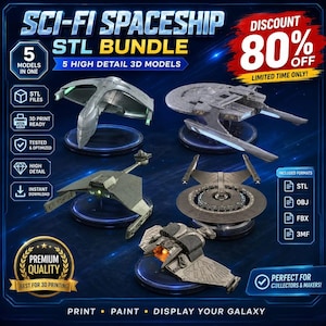 以下が含まれることがあります： SF宇宙船の3Dモデル5種セットのデジタルバンドル。グレーのメタリックなデザインが特徴です。画像には「SCI-FI SPACESHIP STL BUNDLE」「5 MODELS IN ONE」「5 HIGH DETAIL 3D MODELS」といったテキストが含まれ、STL、OBJ、FBX、3MFのファイル形式が記載されています。