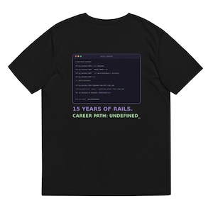 May include: A black short-sleeved t-shirt featuring a graphic of a computer terminal window displaying code. Below the window, the text reads 15 YEARS OF RAILS. CAREER PATH: UNDEFINED_ in purple and green lettering on the back of the garment.