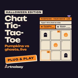Op de afbeelding: Een Halloween-editie Chat Tic-Tac-Toe spelinterface met een raster en pompoen- en spookpictogrammen. Het scherm toont tekst waaronder 'Pumpkins vs ghosts, live', 'Type 1-9 in chat to vote', 'PLUG & PLAY' en het Artnoisey-logo onderaan.