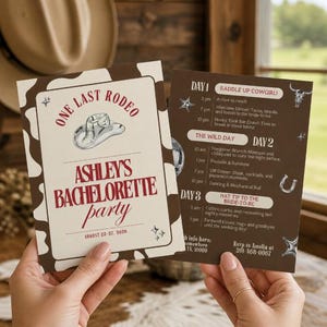 May include: A bachelorette party invitation set with a brown and white cow print border. The front features the text One Last Rodeo, Ashley's Bachelorette Party, and August 25-27, 2026. The back lists a three-day itinerary with western icons.