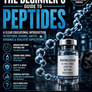 May include: A dark blue educational poster titled The Beginner's Guide to Peptides Volume 4. It features a glass vial with a label reading Knowledge is the first step to better decisions, alongside a molecular chain graphic and text list.