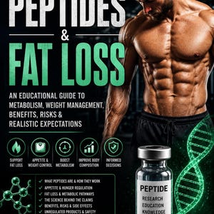 May include: An educational guide titled The Peptide Education Series Volume 2: Peptides & Fat Loss. The cover features a muscular person, a glass vial labeled Peptide, and a green DNA strand graphic. It lists topics like metabolism and weight management.
