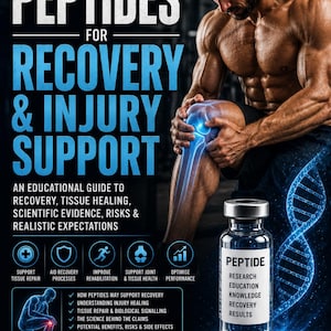 以下が含まれることがあります： 「The Peptide Education Series Volume 3: Peptides for Recovery & Injury Support」と題された教育用ポスター。筋肉質な人物が青く光る膝を押さえている様子、Peptideとラベルが貼られたガラス瓶、DNA鎖のグラフィックが描かれています。