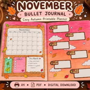 Puede incluir: Un diario de puntos abierto con un fondo degradado rosa y naranja decorado con hojas de otoño, un calendario de noviembre, una sección de objetivos y recuadros en blanco con nubes, titulado November Bullet Journal.