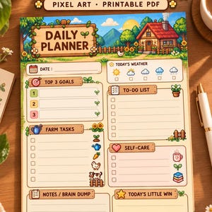 Peut inclure: Un planificateur quotidien Stardew Valley en PDF imprimable avec des graphismes en pixel art. La mise en page comprend des sections pour la date, les objectifs, la météo, les tâches, le bien-être, les notes et les réussites, avec des icônes.