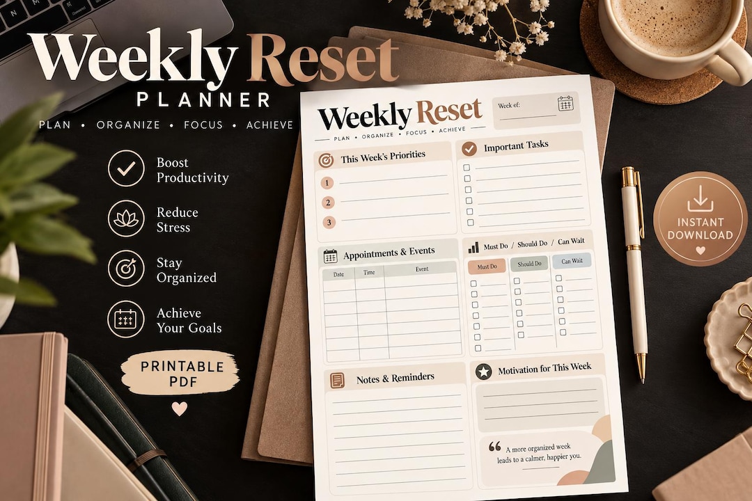 Weekly Reset Planner Printable | Productivity Organizer, To-do List ...