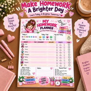 Puede incluir: Un bloc de notas de planificación de tareas escolares en rosa y blanco con un personaje de dibujos animados, un gato y secciones para materias, tareas, fechas de entrega y objetivos. El texto incluye 'My Homework Planner' y 'Good Work Kid'.