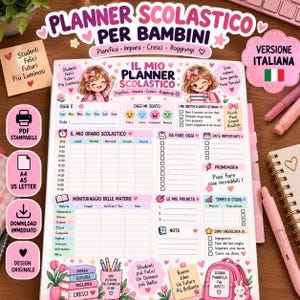 Puede incluir: Un planificador escolar italiano imprimible para niños con un diseño en rosa y blanco, ilustrado con un estudiante, una mochila y libros. La página incluye secciones para horarios diarios, seguimiento de tareas, objetivos y texto motivador.