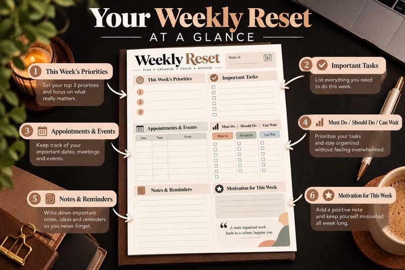 Weekly Reset Planner Printable | Productivity Organizer, To-do List ...