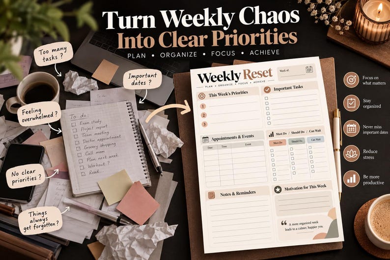 Weekly Reset Planner Printable | Productivity Organizer, To-do List ...