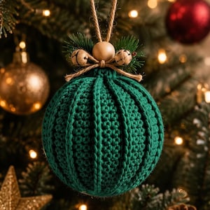 Puede incluir: Un adorno esférico de ganchillo en color verde oscuro con textura acanalada vertical. La parte superior está decorada con una cuenta de madera natural, dos pequeños cascabeles de metal y agujas de pino verdes, sujetos con un cordel marrón.