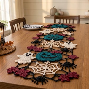 Modèle de chemin de table au crochet pour Halloween | Décoration citrouille fantôme toile d'araignée | Modèle PDF de crochet d'automne | Décoration de table automnale effrayante