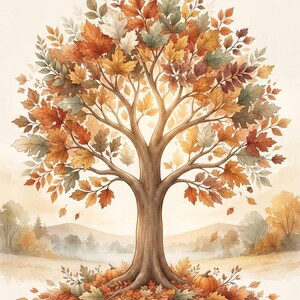 Könnte beinhalten: Eine Aquarellillustration eines großen Baumes mit einem dicken braunen Stamm und Ästen voller Herbstblätter in Orange-, Rot-, Gelb- und gedämpften Grüntönen. Kürbisse und verstreute Eicheln liegen am Fuß zwischen dem gefallenen Laub.