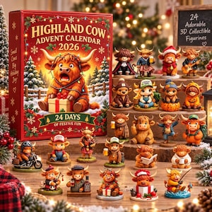 May include: A 2026 Highland Cow advent calendar box featuring a festive illustration of a cow with a gift, accompanied by 24 individual 3D collectible Highland cow figurines in various outfits and poses displayed on a wooden tiered stand.