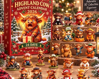 Calendario de Adviento de Vaca de las Tierras Altas 2026, 24 días de cuenta regresiva para Navidad, figuras coleccionables en 3D, decoración navideña estilo granja, regalo para amantes de las vacas.