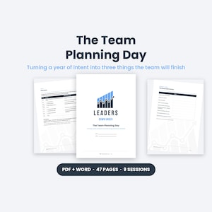 Puede incluir: Un documento de planificación digital titulado The Team Planning Day, con una portada central que muestra un logotipo de gráfico de barras azul y el texto Leaders Down Under, flanqueado por dos páginas internas con tablas y formularios.
