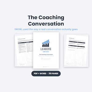 Op de afbeelding: Een digitaal document getiteld The Coaching Conversation, met een centrale voorpagina met een staafdiagramlogo en de tekst LEADERS DOWN UNDER, geflankeerd door twee interne pagina's met tabellen en tekst. Onderaan staat PDF + WORD 35 PAGES.