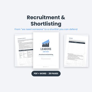 Pode incluir: Um documento digital intitulado Recruitment & Shortlisting da Leaders Down Under, apresentando um logótipo de gráfico de barras, texto e tabelas. O conjunto inclui 26 páginas em formatos PDF e Word para orientar o processo de recrutamento.