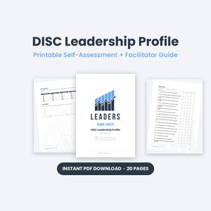 May include: A printable DISC Leadership Profile self-assessment and facilitator guide. The document features a cover page with a blue and black bar graph icon, the text 'LEADERS DOWN UNDER', and two interior pages showing assessment statements.