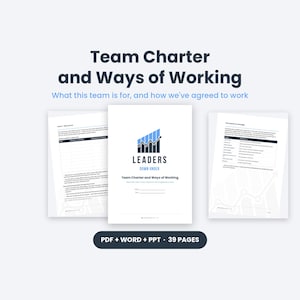Puede incluir: Un documento digital titulado Team Charter and Ways of Working, con un icono de gráfico de barras azul y el texto Leaders Down Under. El conjunto incluye 39 páginas en formatos PDF, Word y PPT, mostrando plantillas estructuradas.