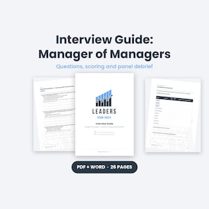 Manager Interview Guide for Hiring a Leader of Leaders, Situational Questions, Scoring Sheet, Panel Debrief, Editable PDF and Word