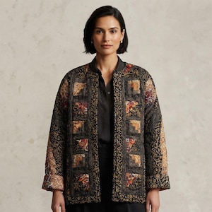 Vintage Phyllis Christenson Quilted Jacket Womens L Black Gold Patchwork Artsy