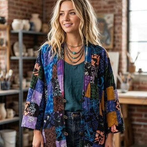 Vintage Nativewear Designs Patchwork Jacket Women M, Multi Color Boho Artsy 90s