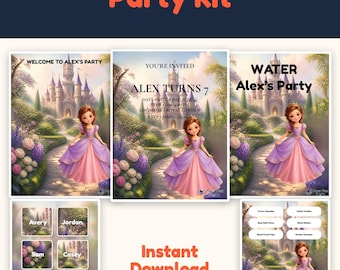May include: An editable printable party kit titled Princess Adventures Party Kit featuring a cartoon princess in a pink and purple dress standing on a garden path leading to a castle. Includes invitations, labels, and signs with text.