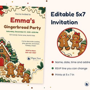 May include: An editable 5x7 inch invitation for Emma's Gingerbread Party. The design features a gingerbread house, pine trees, and three gingerbread cookies. Text includes date, time, address, and RSVP details. The Paper Nest Studio logo is visible.