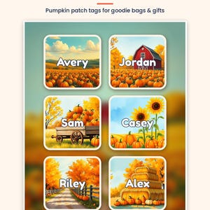 K&ouml;nnte beinhalten: Ein Bogen mit sechs quadratischen Geschenkanh&auml;ngern mit herbstlichen K&uuml;rbisfeld-Motiven und den Namen Avery, Jordan, Sam, Casey, Riley und Alex. Der Text oben lautet 6 EDITABLE NAMES PER SHEET Favor Tags Pumpkin patch tags for goodie bags & gifts.