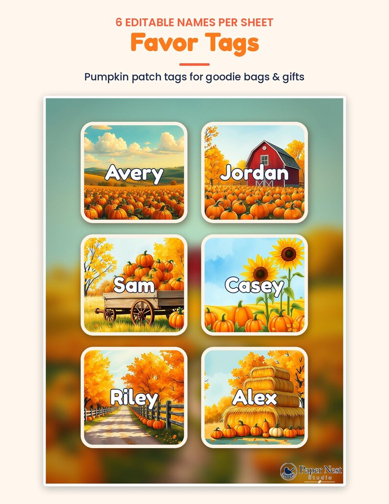 K&ouml;nnte beinhalten: Ein Bogen mit sechs quadratischen Geschenkanh&auml;ngern mit herbstlichen K&uuml;rbisfeld-Motiven und den Namen Avery, Jordan, Sam, Casey, Riley und Alex. Der Text oben lautet 6 EDITABLE NAMES PER SHEET Favor Tags Pumpkin patch tags for goodie bags & gifts.