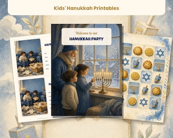 Kinderfeestpakket voor Hanukkah: printbare Hanukkah-decoraties, dreidelspel, Hanukkah-bingo, uitnodiging, banner, cupcakeversieringen, cadeaulabels
