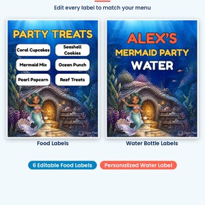 Peut inclure: Un ensemble d'&eacute;tiquettes imprimables pour nourriture et eau sur le th&egrave;me des sir&egrave;nes sous-marines. Les &eacute;tiquettes incluent du texte comme SNACK TABLE READY, PARTY TREATS et ALEX'S MERMAID PARTY WATER, avec une sir&egrave;ne pr&egrave;s d'un cottage en pierre.