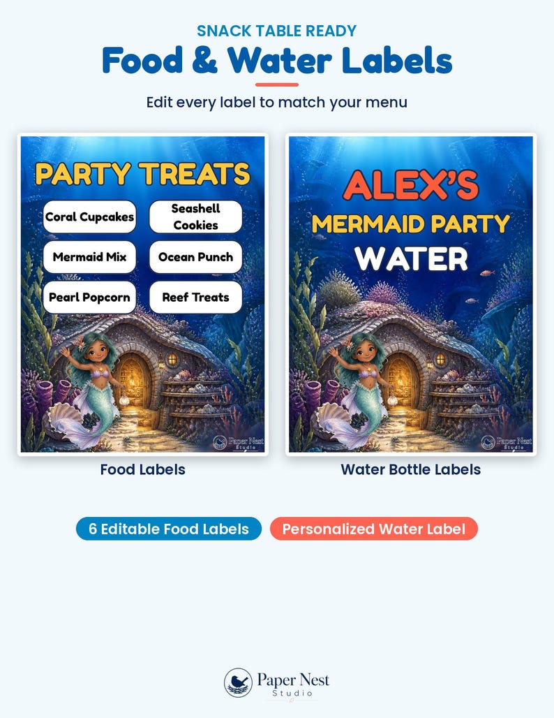 Peut inclure: Un ensemble d'&eacute;tiquettes imprimables pour nourriture et eau sur le th&egrave;me des sir&egrave;nes sous-marines. Les &eacute;tiquettes incluent du texte comme SNACK TABLE READY, PARTY TREATS et ALEX'S MERMAID PARTY WATER, avec une sir&egrave;ne pr&egrave;s d'un cottage en pierre.