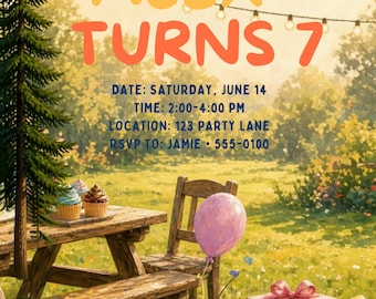 May include: A birthday invitation card featuring a wooden picnic table with cupcakes, a pink balloon, and wrapped gifts in a grassy park setting. Text reads: YOU'RE INVITED ALEX TURNS 7, DATE: SATURDAY, JUNE 14, TIME: 2:00-4:00 PM, LOCATION: 123 PARTY LANE, RSVP TO: JAMIE 555-0100.