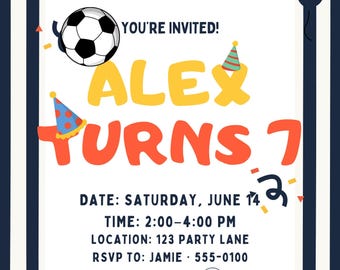 May include: A sports-themed birthday invitation featuring a white background with navy blue vertical stripes. The text reads YOU'RE INVITED! ALEX TURNS 7. Details include DATE: SATURDAY, JUNE 14, TIME: 2:00-4:00 PM, LOCATION: 123 PARTY LANE, RSVP TO: JAMIE 555-0100.