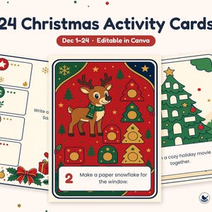 Op de afbeelding: Een set van 24 kerstactiviteitskaarten met de tekst 24 Christmas Activity Cards, Dec 1-24, Editable in Canva. De kaarten bevatten kleurrijke illustraties van een rendier, een kerstboom en vakantie-iconen op een cr&egrave;mekleurige achtergrond.