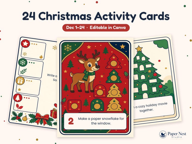 Op de afbeelding: Een set van 24 kerstactiviteitskaarten met de tekst 24 Christmas Activity Cards, Dec 1-24, Editable in Canva. De kaarten bevatten kleurrijke illustraties van een rendier, een kerstboom en vakantie-iconen op een cr&egrave;mekleurige achtergrond.