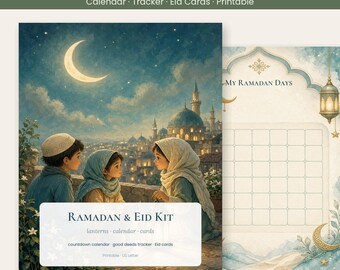 Kit imprimible para niños de Ramadán y Eid, calendario de Ramadán, registro de buenas acciones, tarjeta de Eid Mubarak, páginas de cuento con linterna, PDF tamaño carta estadounidense