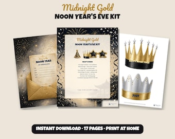 Printbaar nieuwjaarsfeestpakket voor kinderen, zwart-gouden aftelkalender voor het nieuwe jaar, kroontjes, fotorekwisieten, bingo, uitnodiging, banner