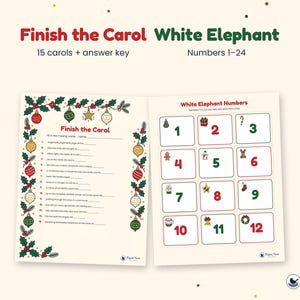 K&ouml;nnte beinhalten: Zwei druckbare Spielbl&auml;tter mit den Titeln Finish the Carol und White Elephant Numbers. Das erste Blatt zeigt Weihnachtsschmuck und Stechpalmenr&auml;nder mit 15 Liedtexten zum Vervollst&auml;ndigen. Das zweite Blatt enth&auml;lt nummerierte Quadrate von 1 bis 12.