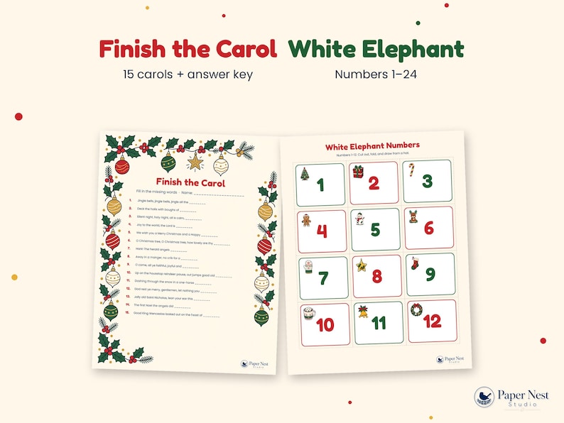 K&ouml;nnte beinhalten: Zwei druckbare Spielbl&auml;tter mit den Titeln Finish the Carol und White Elephant Numbers. Das erste Blatt zeigt Weihnachtsschmuck und Stechpalmenr&auml;nder mit 15 Liedtexten zum Vervollst&auml;ndigen. Das zweite Blatt enth&auml;lt nummerierte Quadrate von 1 bis 12.