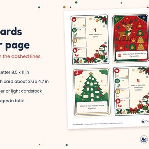 Op de afbeelding: Een printbaar vel met vier kerst-aftelkaarten, ge&iuml;llustreerd met een rendier, kerstboom en sneeuwpoppen. De tekst bevat 4 cards per page, US Letter 8.5 x 11 in en de naam Paper Nest Studio.